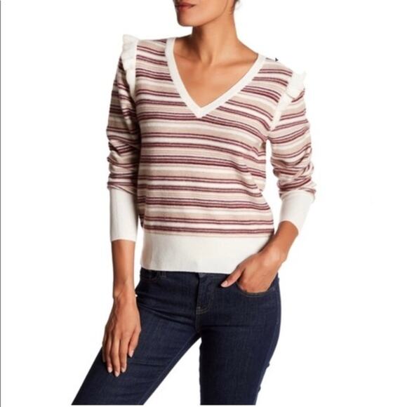 Joie V-Neck Long Sleeve Striped Wool Blend sweater - Picture 1 of 6